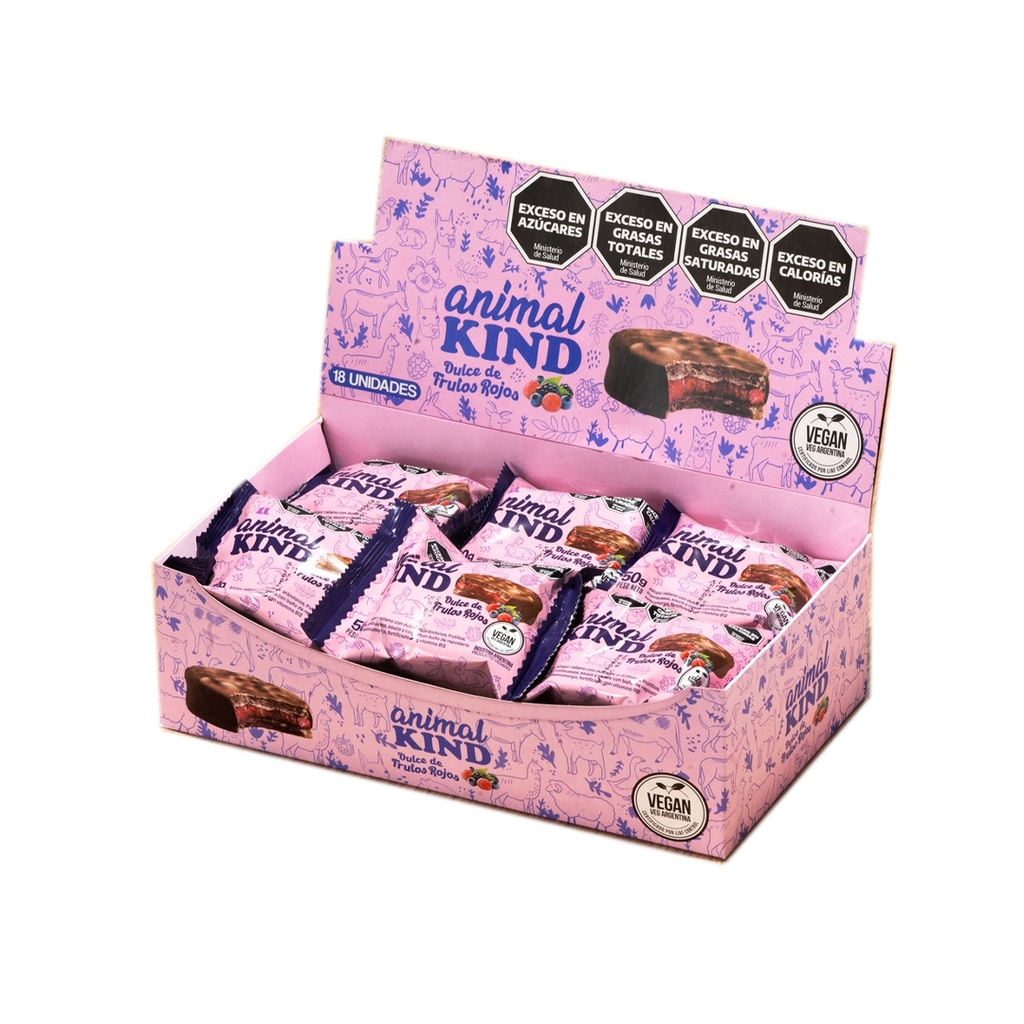 Alfajor Vegano de Frutos Rojos Bañado Animal King x 42grs x 18u x 1 caja 