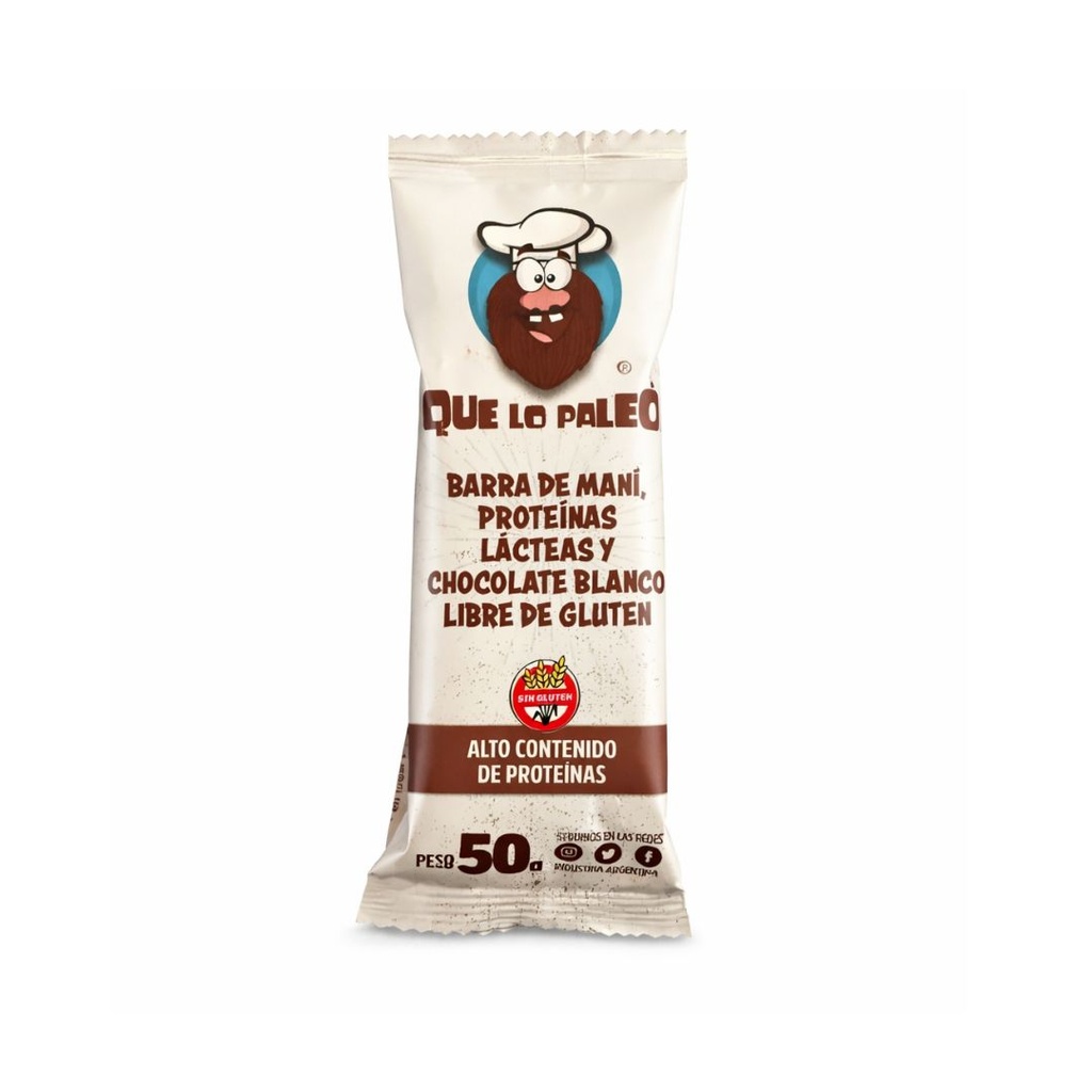 Barritas de Mani y Chocolate blanco x 50grs x 12u x 1 caja - Que lo paleo