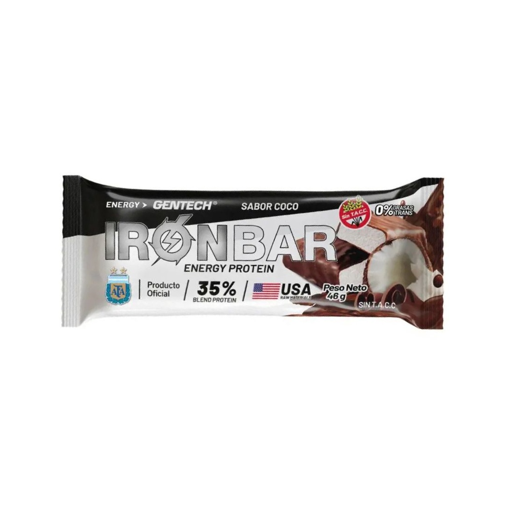 Barritas Proteicas Iron Bar sabor Coco x 46grs x 20u x 1 caja - Gentech