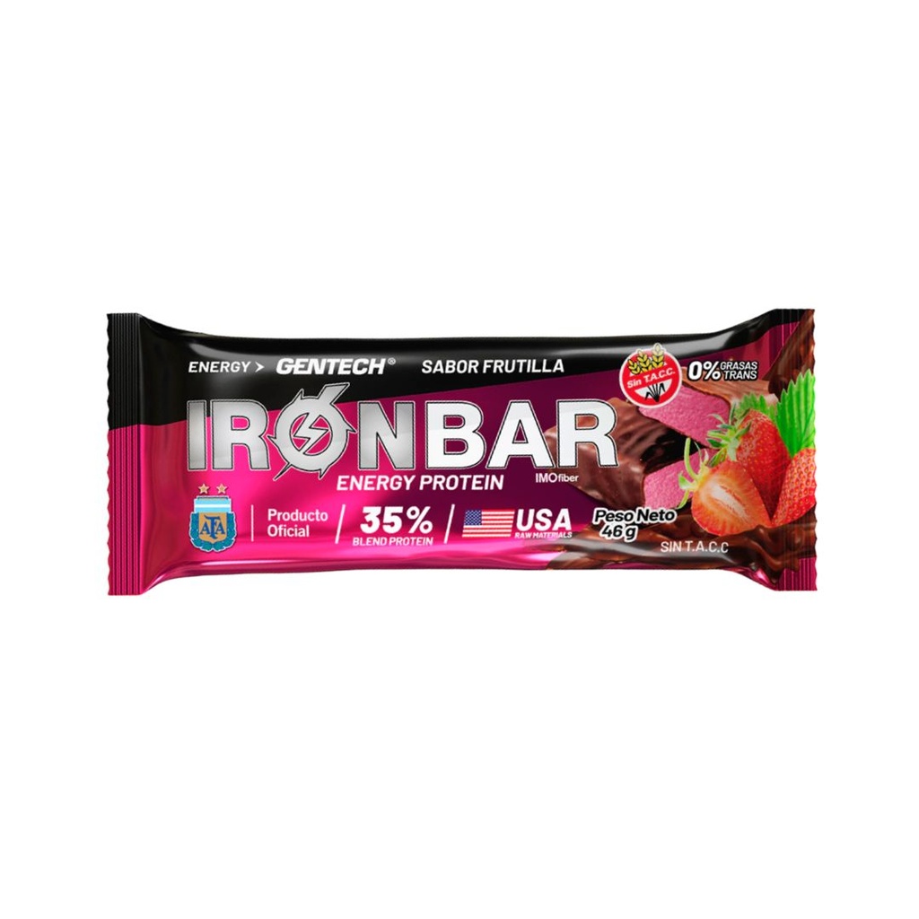 Barritas Proteicas Iron Bar sabor Frutilla x 46grs x 20u x 1 caja - Gentech